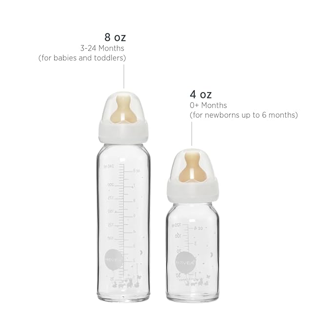 HEVEA Standard Neck Glass Baby Bottles - Medium Flow Anti Colic Baby Bottles (8 Ounce (Pack of 2))