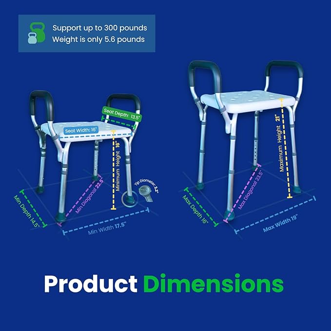 HEALTHLINE Adjustable Shower Bench with Arms – Lightweight Bath Seat with Padded Handles, Height 15"–20", White Plastic Seat with Drainage Holes, for Balance Assistance in Shower/Tub, 300 lb Capacity