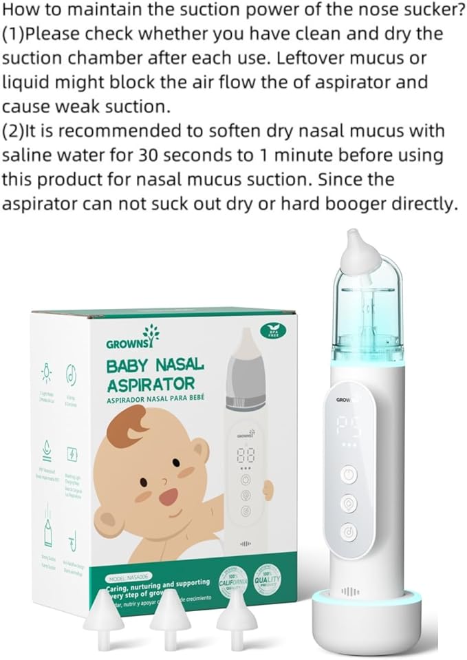 GROWNSY Nasal Aspirator for Baby, Upgraded 5 Suction Levels Baby Nose Sucker, IPX7 Waterproof Electric Nose Suction for Baby, Booger Sucker for Toddlers with Automatic Cleaning &Music &Light Functions