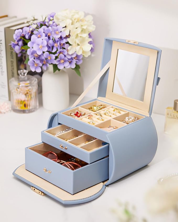Homde Girls Jewelry Box Jewelry Storage Case Organizer Faux Leather with Mirror for Rings, Earrings, Bracelets, Necklaces (Grey Blue)