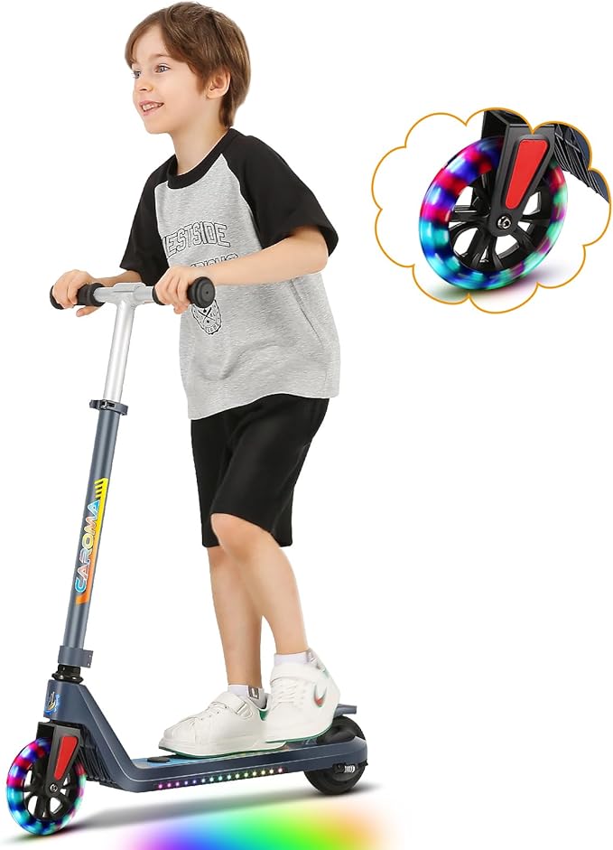 Caroma Electric Scooter for Kids Ages 6-12,150W/180WMotor,10 MPH Max Speed & 7 Miles,Colorful Lights,Adjustable Height & Speed,LED Display,Foldable Kids Electric Scooter 132 Lbs Max Load,Idea Gift