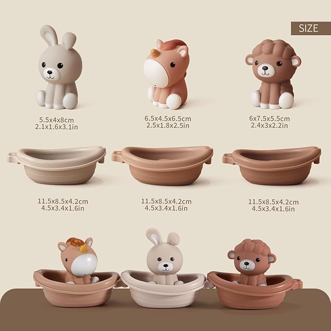 Nueplay Bathtub Toys for Toddlers 18M+,Baby Bath Toys with Animal Finger Puppets,Stackable Boat Train,Gift for Baby & Toddlers Set of 6