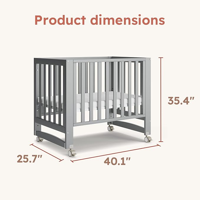 EvoNest Baby Crib, 6 in 1 Convertible Mini Crib with Wheels, 100% New Zealand Pinewood Growing Bed, 4 Adjustable Mattress Height,Washed Natural (Grey)
