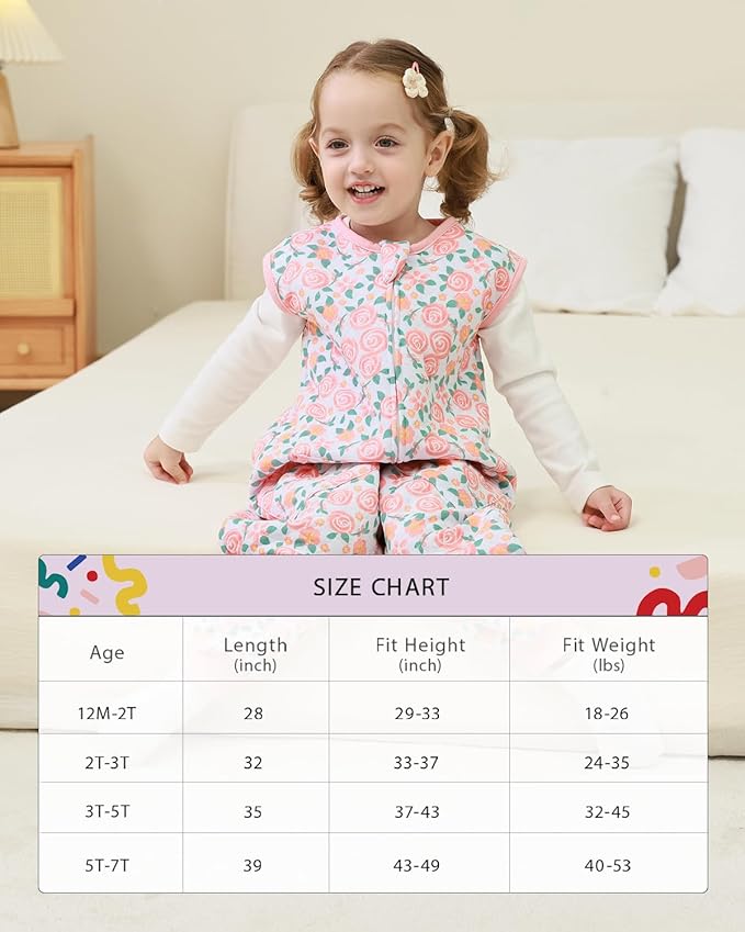 HOMEAL 1.0Tog Sleep Sack with Legs, Toddler Sleep Sacks 12M-2T, Pink Rose