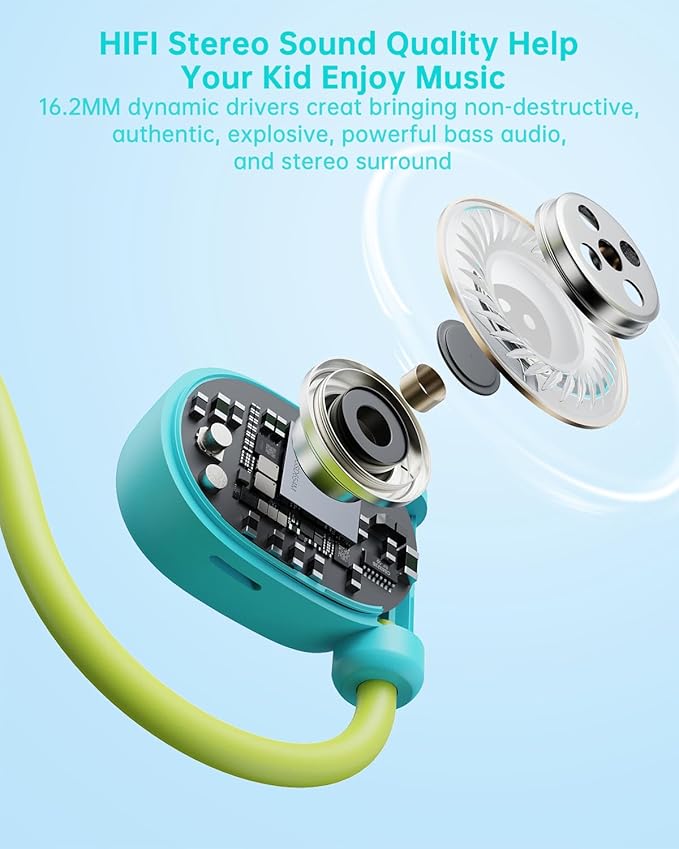 Kid Headphones for School, Air Conduction Open Ear Headphones, 3.5mm Jack Wired Cord, Ultra-Comfort, Ergonomic and Lightweight Design Perfect for School and Outdoor Activities-Blue Green