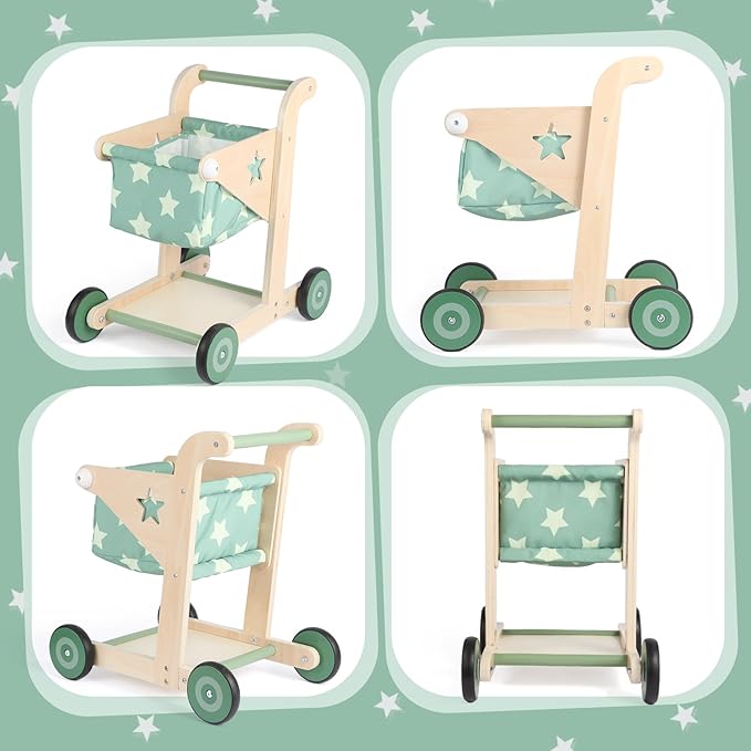 Asweets 2 in 1 Wooden Baby Walker Push and Pull Doll Stroller, Shopping Cart Learning Walker for Boys and Girls, Sit Stand Learning Toddler Toy (Green)