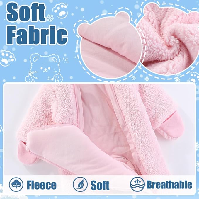 Fairy Baby Newborn Baby Winter Snowsuit Bear Thick Romper Footie Double Zip Hooded Jumpsuit Fleece Coat Infant Boy Girl 0-12M