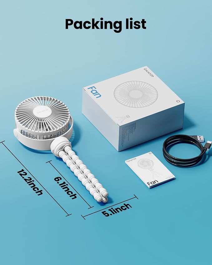 Gaiatop Mini Portable Stroller Fan, Battery Operated Small Clip on, Detachable 3 Speed Rechargeable, 360° Rotate Flexible Tripod Better Cooling for Car Seat Crib Treadmill Travel White