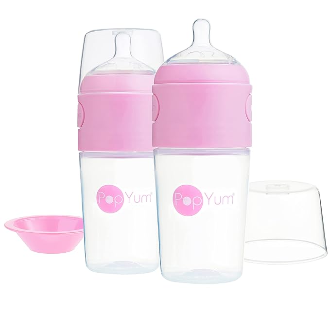 PopYum 9 oz Pink Anti-Colic Formula Making/Mixing/Dispenser Baby Bottles, 2-Pack with #2 Medium Flow Nipples, 260 ml, BPA-Free, Natural Latch