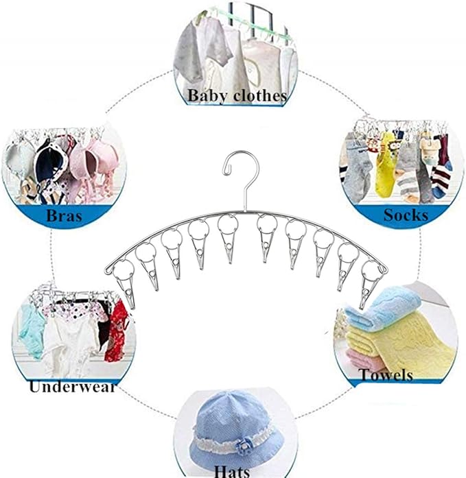 DurReus Strong Stainless Steel Laundry Drying Rack Clothes Hanger with 10 Clothespins Indoor Space Saver Hanging Clothing Organizer Mitten Sock Hangers