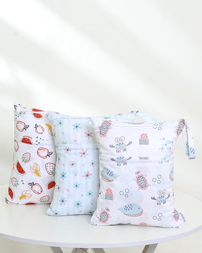 ALVABABY 3 Cloth Diaper Wet Dry Bags Waterproof Reusable with Two Zippered Pockets Travel Beach Pool Daycare Soiled Baby Items Yoga Gym Bag for Swimsuits or Wet Clothes Small Medium Large 3L-ZM27