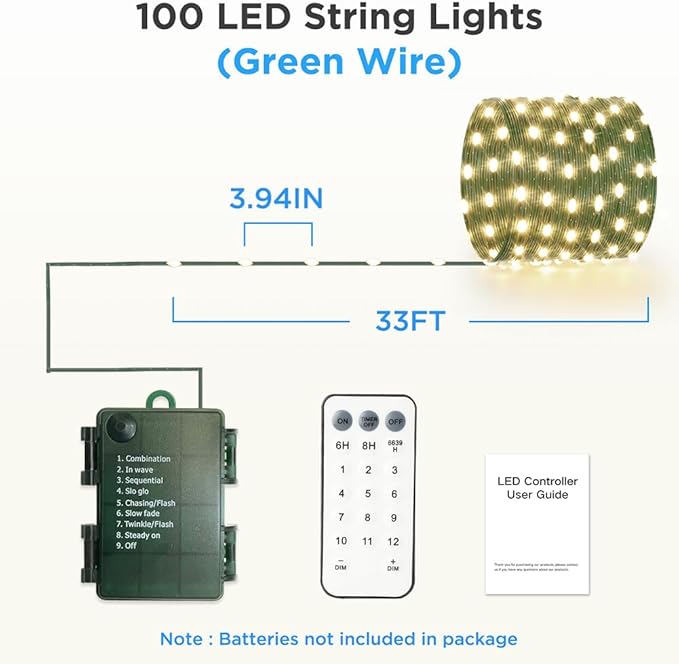 33ft Battery Operated String Lights (2 Pack), 100 LED Warm White & Multicolor Fairy String Lights Battery Powered w/Remote & Timer for Indoor Outdoor Christmas Trees Decoration Bedroom Patio