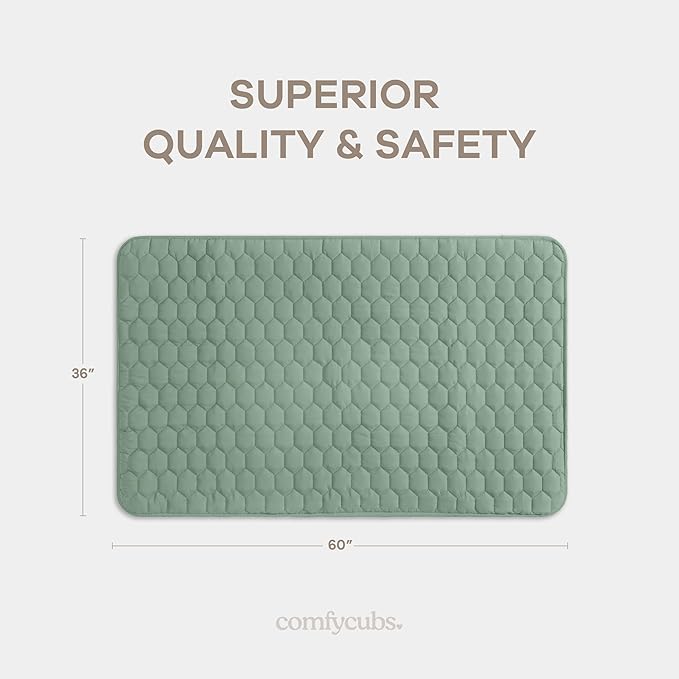 Comfy Cubs Rectangle Kids Play Mat - Small 36 x 60 inches Soft Quilted Baby Floor Mat with Non-Slip Bottom - Plush Design for Toddlers' Playtime and Relaxation - Comfortable and Durable - Fern