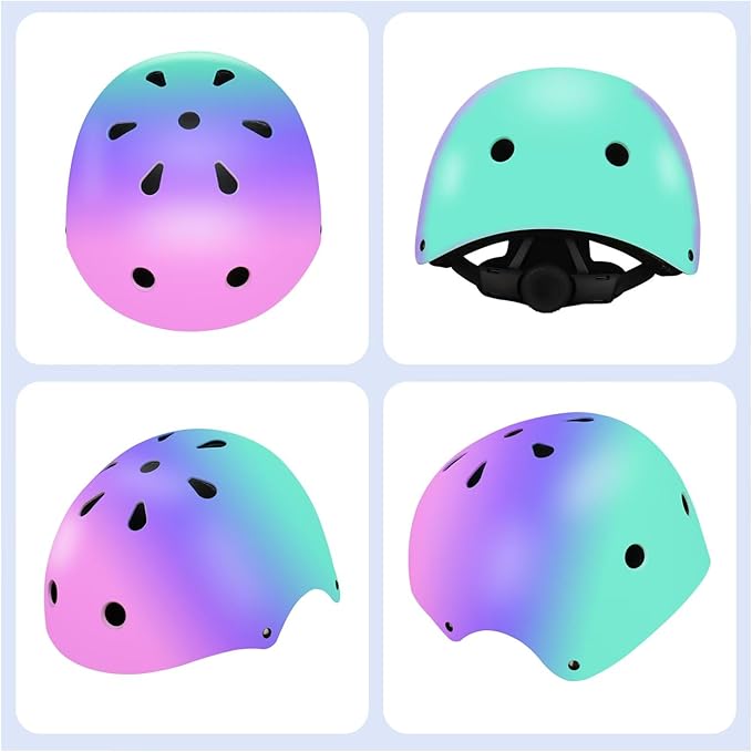 Color Gradient Adjustable Kids' Helmet with Knee & Elbow Pads Set | Multi-Sport Safety Gear for Boys & Girls Ages 5-14 | Skateboarding, Scooters, Roller & Inline Skating, Longboarding