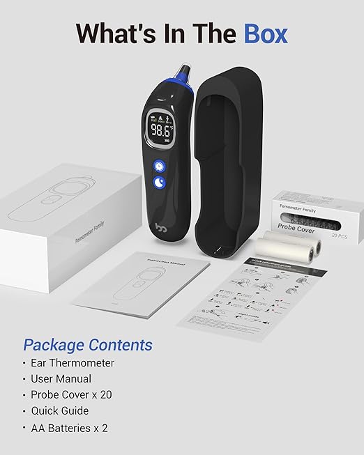 Ear Thermometer with Heated Probe, High Accuracy Thermometer for Kids, Adults and Babies with 32 Memory Recall, Mute and Night Light, Includes 21 Disposable Probe Covers, Storage Box