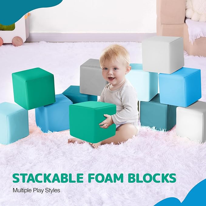 Foam Building Blocks for Kids: 12-Pieces PU Leather Colorful Foam Blocks - Building Toys for Toddler - Giant Stacking Blocks Toys - Soft Indoor Playset for Birthday Gift Preschool Learning (Modern)