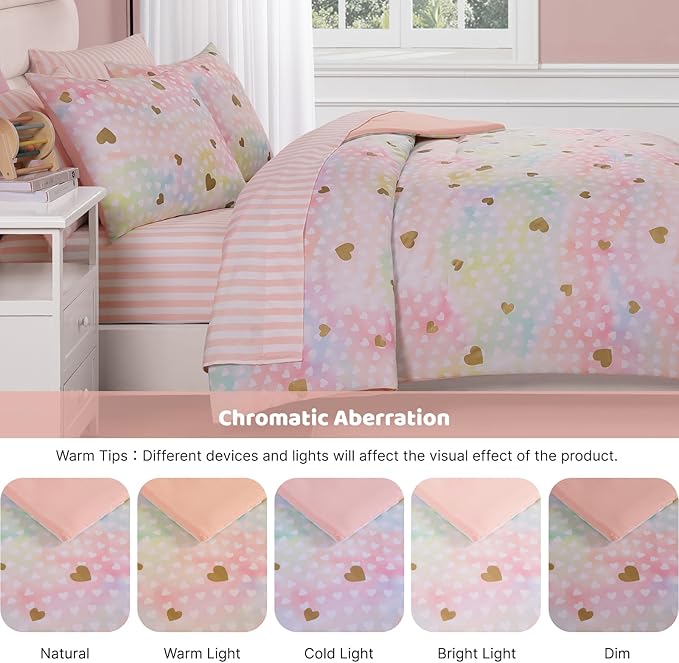 Full Size Comforter Sets with Sheets for Girls-7 Pieces Full Size Bedding Sets with Pink Comforter, Sheets, Pillowcases & Shams for Kids (Colorful Gold Heart, 76" X 86")