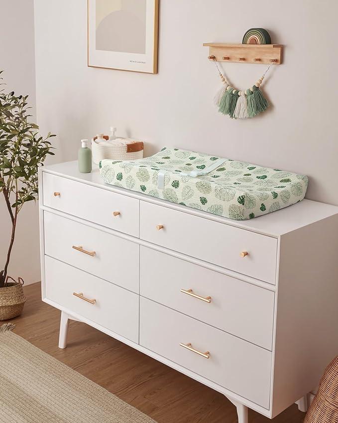 Blissful Diary Muslin Baby Changing Pad with Waterproof Lining Foam, Diaper Changing Table Pad with Cover for Dressers (Monstera, Rectangular)