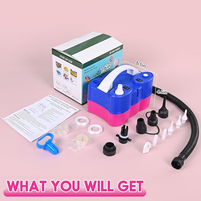 3-in-1 Electric Balloon Pump, Portable Air Pump for Latex 260q Foil Balloons, Dual Nozzle Balloon Blower Machine for Party Decoration, 110V AC Inflator Deflator for Inflatables Pool Floats Mattress