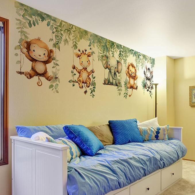 Jungle Animal Wall Decals,Jungle Animals Monkey Elephants, Lions, Zebras, Giraffes Vine Leaves Wall Stickers,Zoo Sticker for Kids Baby Boys Room Nursery Bedroom Playroom Home Decoration.