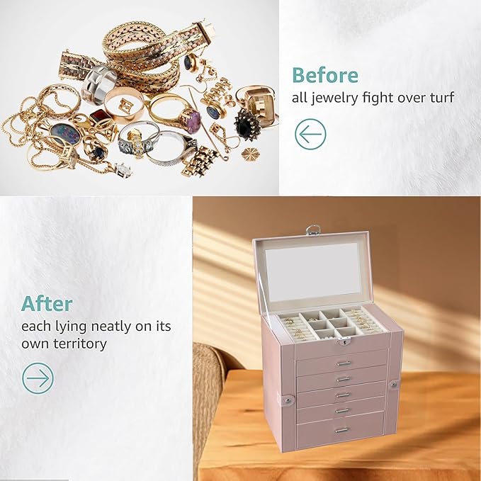 BOOVO Jewelry Box For women, 6 Layer Large Jewelry Organizer With Mirror, Multi-Function Storage Box With Lock, Accessory Holder With 5 Drawers, For Earrings Necklace Ring Bracelet (Rose Gold)