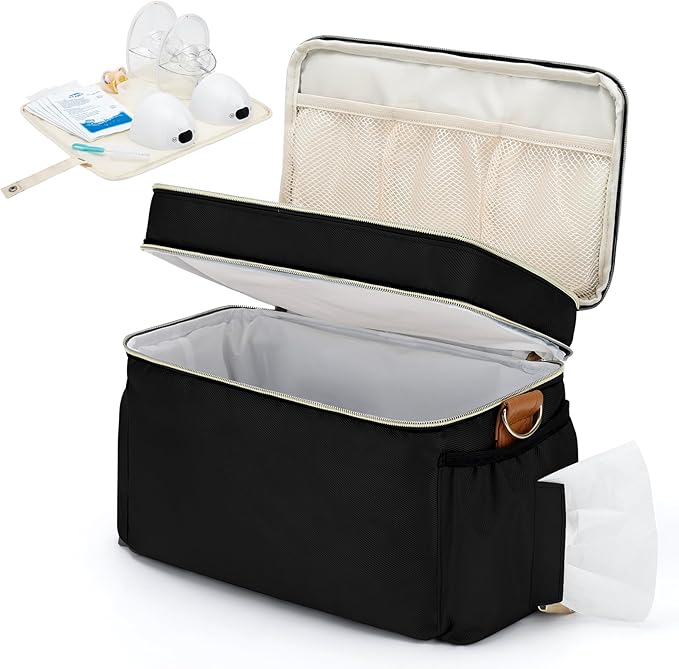 Breastmilk Cooler Bag with 6 Ice Pack, Wearable Breast Pump Bag Compatible with Willow, Elvie, Medela & Momcozy M5/S12 Pro Pumps & Accessories for Work, Travel and Family Use Black