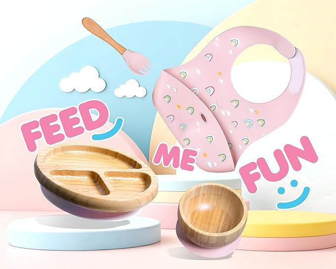 Bamboo Baby Feeding Set for Infants & Toddlers - Baby Essentials, Non-Toxic, Sustainable, Bamboo Suction Plate & Bowl, Bib, Sippy Cup w/Lid & Straw, Daily Use, Travel, Baby Shower Gifts (Pink)