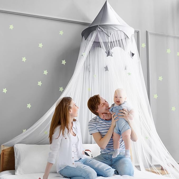 Canopy for Kids Bed with Stars, Crib Canopy with Dome, Elegant Net Hanging Fairy Girl Bed Canopy Princess Room Decoration Reading Nook Corner Curtain Fits Full Crib, Twin, Queen Play Castle Tent