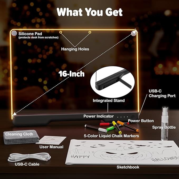 16-Inch Rechargeable Doodle Glow LED Note Board, 7-Color Light Modes, Neon Art Dry Erase Light Up Drawing Pad with Built-in Stand, Sketching Gift Toy for Kids/Girls/Teens, 5 Markers & Tracing Book