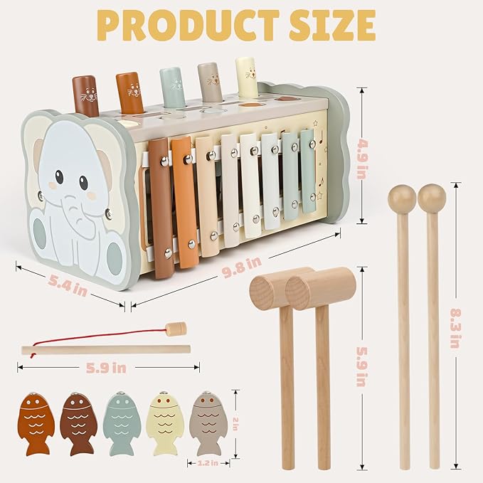 Joyreal Wooden Montessori Toys for 1 Year Old - Hammering Pounding Toy with Xylophone & Fishing Game - Educational Toddler Activities for 1 2 3 Year Old Christmas Birthday Gifts
