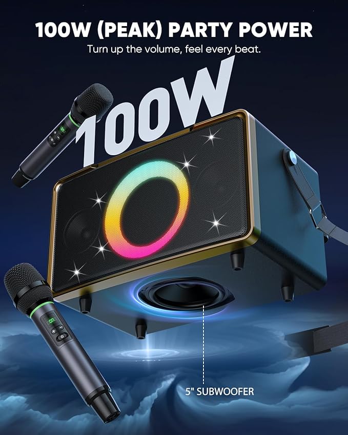 GFEEN Portable Bluetooth Speaker: 200W Peak, 15H Playtime, Wireless Speakers with Microphone, 5″ Subwoofer, Loud Sound, Light Show, Fast Charging for Outdoor, Party, Backyard(Gold with 2Mic)