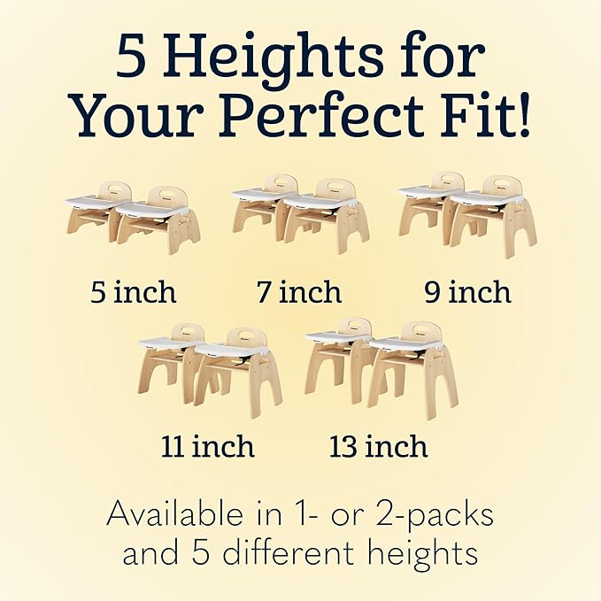 Foundations Easy Serve Low Wood Feeding Chairs Multipack, Adjustable Harness, Removable Dishwasher Safe Tray, No-Tip Base, Stackable Toddler Chairs, 2 Pack (7 inch)