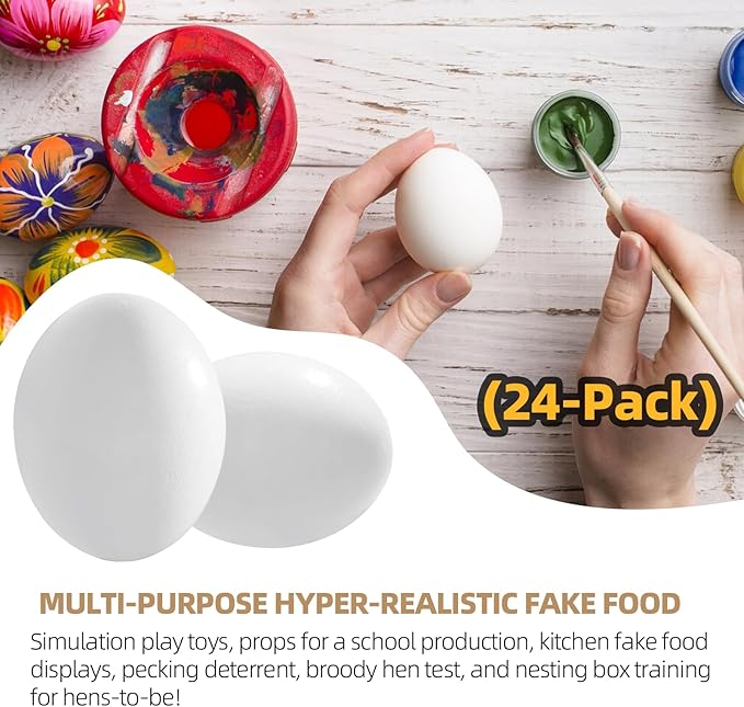 CALPALMY 24 Pieces Hyper-Realistic White Wooden Eggs - 2 Dozen Fake Easter Eggs for Painting, Decorating, Crafting, Pretend Play, Simulation Toys, Fake Food, Nest Box Training
