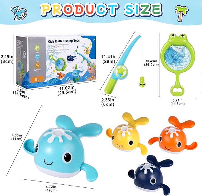 Baby Bath Toys Set, Wind Up Pool Toys for Toddlers 1-3, Kids Magnetic Fishing Toys with 1 Fishing Rod & 1 Net & 4 Brightly Colored Whales, Boys and Girls Birthday Gifts