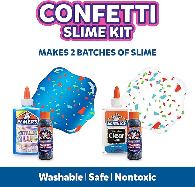 Elmer’s Confetti Slime Kit, Slime Supplies Include Metallic Glue, Clear Glue, Confetti Magical Liquid Activator, 4 Count - Perfect for Parties, Gift, Kids Activity Time