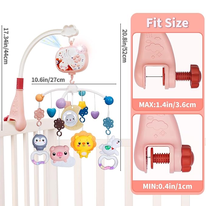 Baby Mobiles for Cribs, Crib Mobile with Music and Lights, Nursery Musical Mobile for Bassinets Hanging Toys with Remote Control, Rotation, Projection, Animal Mobile Arm Clip On for Infant Boys Girls