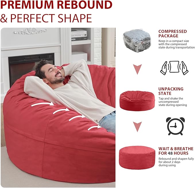 6FT Bean Bag Chair, Large Bean Bag Chairs with Memory Foam Filled, Fluffy Beanbag Sofa with Dutch Velvet Cover, Round BeanBag Chairs for Living Room, Playroom - Red