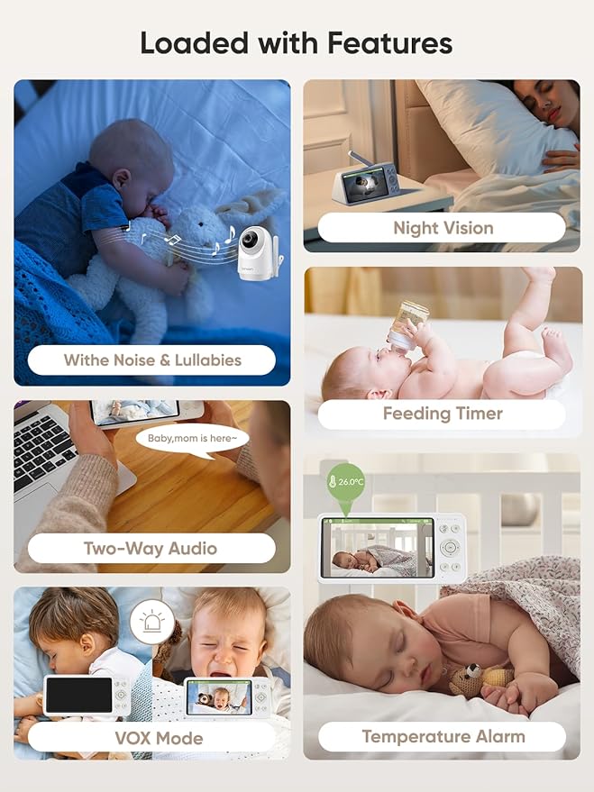 bonoch 5.5" 1440p Baby Monitor with 2 Cameras, Dual Video Monitor with Split Screen, Smart No WiFi Baby Camera, Detect Sleep Turn Over/Cry/Motion, 240h Lasting, WPA3 Hack Proof, White Noise