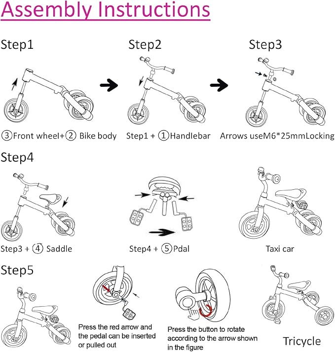 Ancaixin 3 in 1 Toddler Tricycles for 2-5 Years Old Girls and Boys with Adjustable Seat Detachable Pedal and Bell | Foldable Baby Balance Bike Riding Toys | Kids Birthday Christmas New Year Gift Pink