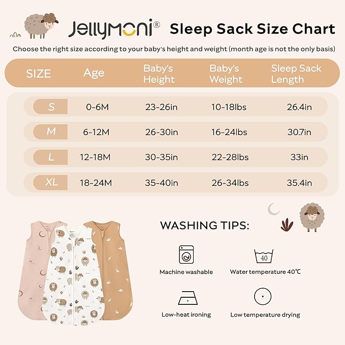 JELLYMONI Baby Sleep Sack 12-18 Months Wearable Blanket for Baby, 100% Cotton 2 Pack Infant Toddler Sleeping Sack Lightweight Soft 2-Way Zipper Sleepsack