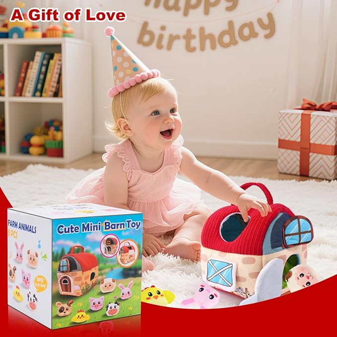 Baby Toys 6-12 Months – Montessori Sensory Barn with Plush Farm Animals, Rattles, Crinkle & Mirror – 1st Birthday Gift or Easter Basket Stuffer for Babies