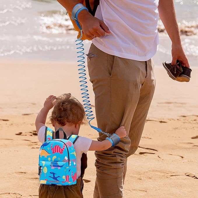 Accmor Toddler Backpack Leash with Anti Lost Wrist Link, Cute Mini Child Walking Harnesses Keep Kids Close Back Pack Rope Tether Rein for Baby Boys (Light Blue/Dino)
