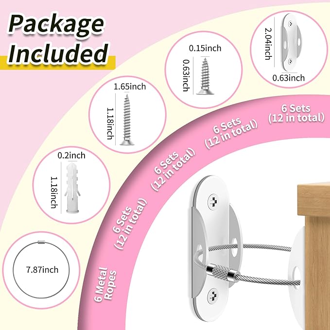 Anti Tip Furniture Anchors (6 Packs) Furniture Anchors for Baby Proofing, Earthquake Straps for Furniture Dresser Wall Safety Anchor Furniture Safety Straps Wall Straps, White