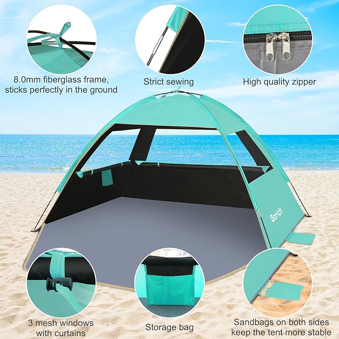 Gorich Beach Tent Sun Shelter for 3/4-5/6-7/8-10 Person with UPF 50+ UV Protection, Lightweight & Easy Setup Beach Shade Canopy, Portable Beach Shade Tent Beach Cabana