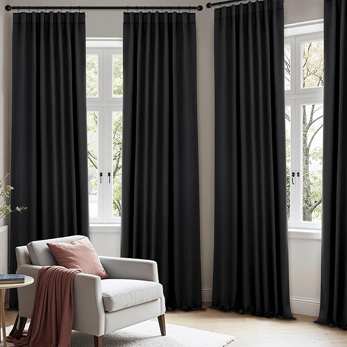 ANRODUO Back Tab Blackout Curtains for Bedroom Living Room, Rod Pocket Pinch Pleated Thermal Insulated Room Darkening Curtains 54 Inches Long 2 Panels, Black, 42 x 54 Inch