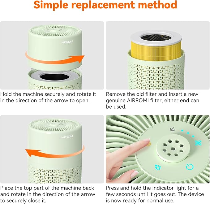 AIRROMI Pets Air Purifier for Home Allergies,Up to 660 ft².Yellow Deodorizing Activated Carbon Filter,With Fragrance Sponge for Better Sleep,Night Light,Pet Dander,Smoke,Odors,Air Cleaner A2002 Green