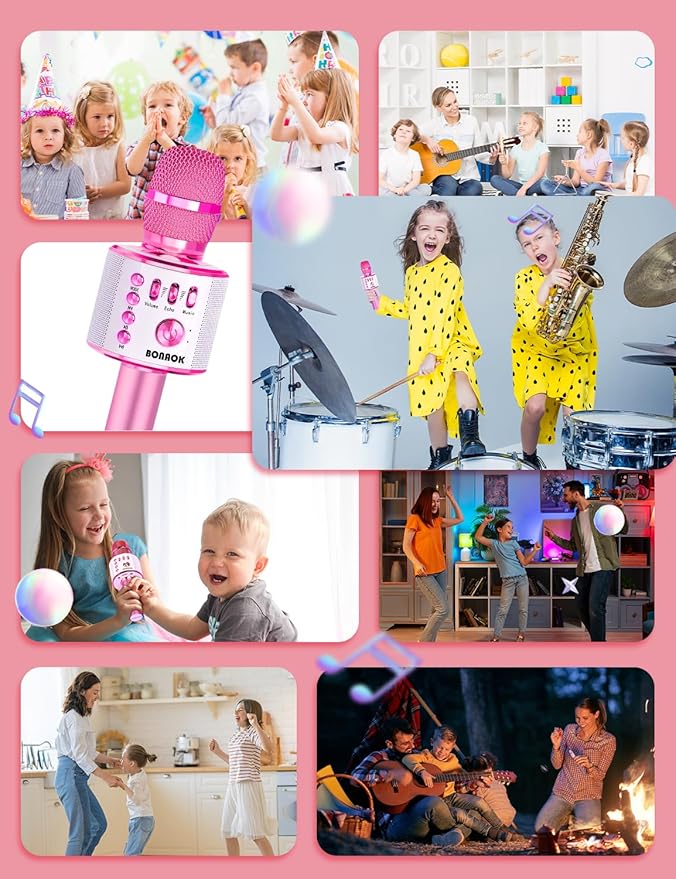 BONAOK Kids Karaoke Microphone, Wireless Bluetooth Microphone for Singing, Gift for Kids, Adults, Girls, Boys, Christmas Kids Toys Gifts for Ages 3, 4, 5, 6, 7, 8+ Years Old (Light Pinkcolor)
