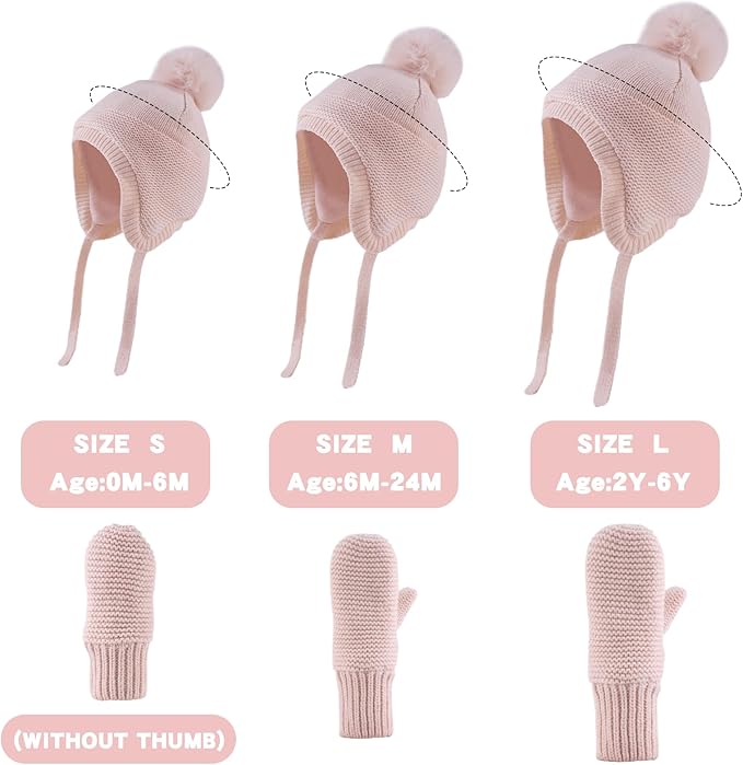 Basic Winter Baby Beanie Gloves Boys Girls Knitted Hat Pompom Kids Earflap Hats Warm Infant Toddler Beanie Mittens Set