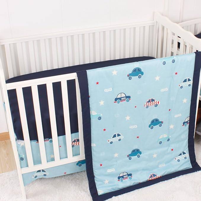 CaSaJa Baby 3-Piece Crib Bedding Set for Boys Girls, Including Soft Quilted Comforter(Blanket), Fitted Crib Sheet and Skirt, Soft Nursery Bedding Set Made of Silky Comfy Materials, Love Cars