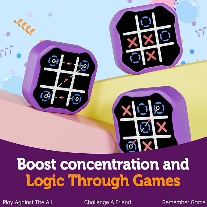 3 in 1 Electronic Tic Tac Toe Game, Handheld Digital Tic Tac Toe Bolt Game with Silent Mode, Portable Learing Toy Gift for Kids & Adults, Purple(One Pack)